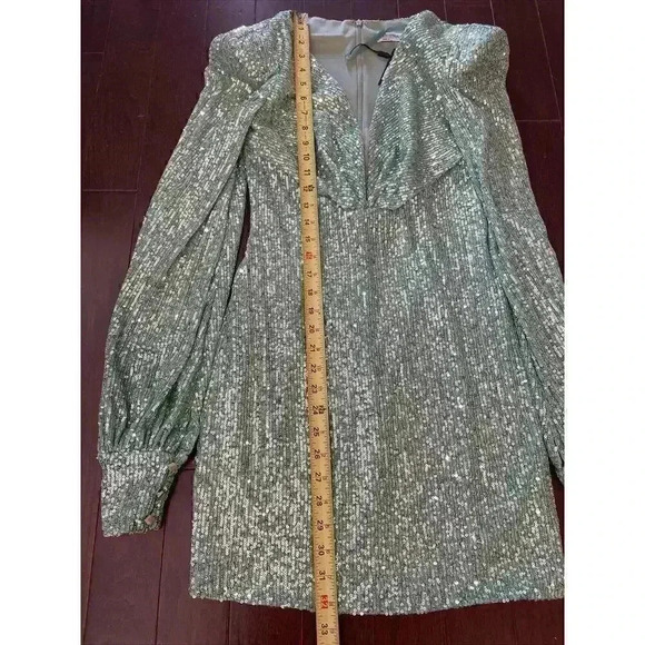 MAC DUGGALPuff Sleeve Sequin Mini Dress Sequin Light Green Ballon Long Sleeve 0 - Picture 5 of 9
